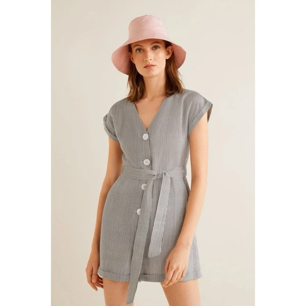 MANGO Striped Romper S/4 Linen Blend Button‎ Gray White Belted V Neck Cap Sleeve